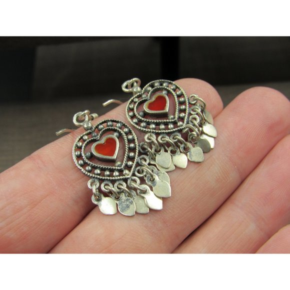 Sterling Silver Small Red Inlay Heart Fancy Rustic Earrings Vintage Wedding - Picture 2 of 7
